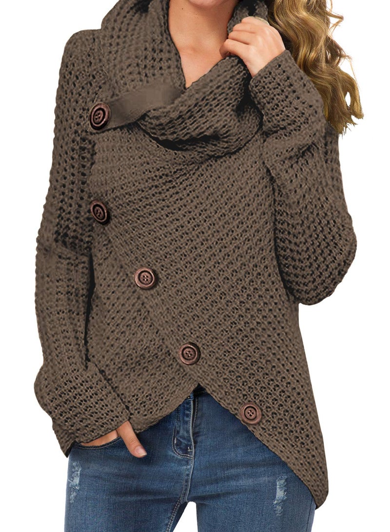 GRECERELLE Women's Fall Chunky Turtleneck Long Sleeve Asymmetric Hem Loose Knit Pullover Sweaters Tops, Dark Khaki, S - Image 1